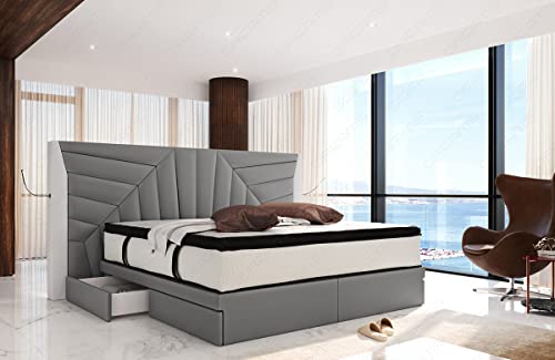 Sofa Dreams Boxspringbett Monaco in Mikrofaser mit Stauraum LED Licht und USB Anschlüssen 140x200 160x200 180x200 200x200 200x220 (200 x 220 cm, Grau-Weiß-m12)