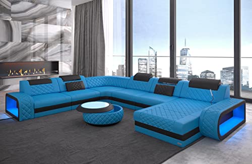 Sofa Berlin XXL U Form Wohnlandschaft mit LED Beleuchtung und Ottomane (Ottomane rechts, Blau-Schwarz)