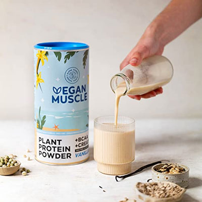 Vegan Muscle® Protein Shake - Vanille - Pflanzliches Proteinpulver mit 21g Eiweiß, BCAA und Creatin - 600g Pulver