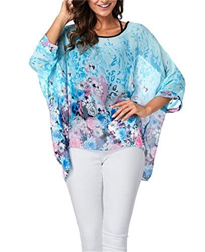 LazLake Chiffon Böhmen Blusen Damen Boehmen Blumen Bluse Damen Boho Bluse Batwing Damenbluse 3/4 Armel Chiffon Bluse T-Shirt ED-Bianfu-345