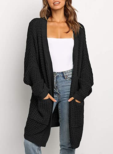 Uusollecy Strickjacke Damen Lang Einfarbige Grobstrick Strickcardigan, Herbst Winter Waffel Strickmantel, Casual Langarm Open Front Sweater Cardigan Outwear mit Tasche Schwarz XL