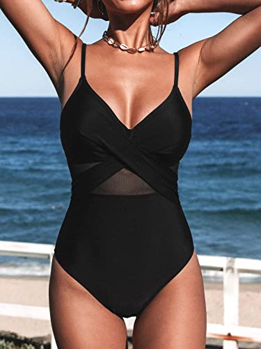 CUPSHE Damen Badeanzug Wickeloptik Sheer Mesh Monokini V Ausschnitt Figurformend Einteilige Bademode Swimsuit Schwarz M