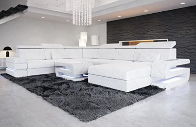 XXL Sofa Bologna Wohnlandschaft in Leder mit USB-Anschluss Beleuchtung Stauraum Ledersofa mit Kopfstützen im modernen Design (Ottomane rechts (auf Sofa blickend), White)