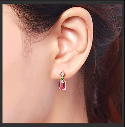 ANAZOZ Echtschmuck Ohrringe Damen 18 Karat / 750 Rosegold Rechteck 2.34Ct Turmalin Rot Ohrhänger mit Diamant Schmuck für Frauen