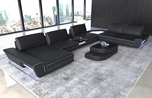 XXL Sofa Wohnlandschaft Ferrara das Ledersofa in U Form mit USB und Beleuchtung inklusive Kopfstützen Couch modern (Ottomane Links, Schwarz-Weiß)