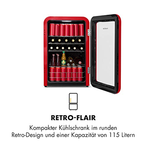 Klarstein PopLife Getränkekühler - Mini-Bar, Retrokühlschrank, 0-10°C, nur 39 dB, 115 L, umweltfreundlich, doppelt verglaste Tür, Retro-Design, rot