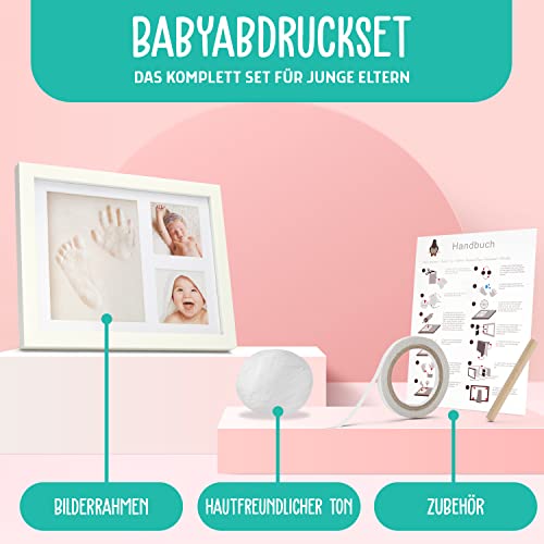 Täubchen® Hand- und Fußabdruckset, Gipsabdruck, Babyfreundlich, Babyparty, Babygeschenke, Geburt, Taufe Geschenk, hochwertiger Bilderrahmen, Fußabdruck, Babyshower