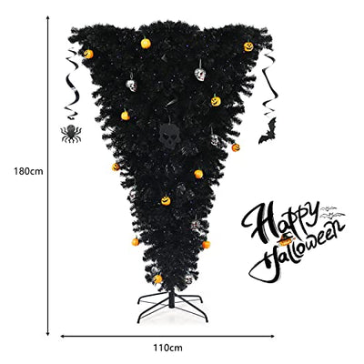 DREAMADE 180cm schwarz künstlicher Weihnachtsbaum, beleuchteter Halloweenbaum, klappbarer künstlicher Tannenbaum mit LED-Lichtern, umgedrehter Deko-Baum für Haus, Büro, Karneval, Grusel-Themenparty