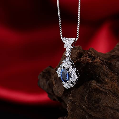 WHOIY Echter Goldschmuck 18K Weiß Gold Damen Halskette, Rhombus Blume Kette Lang Damen mit Anhänger mit Blau Saphir 1.09ct, Schmuck Geschenke für Frauen Ehefrau Mutter Freundin, Weiß Gold