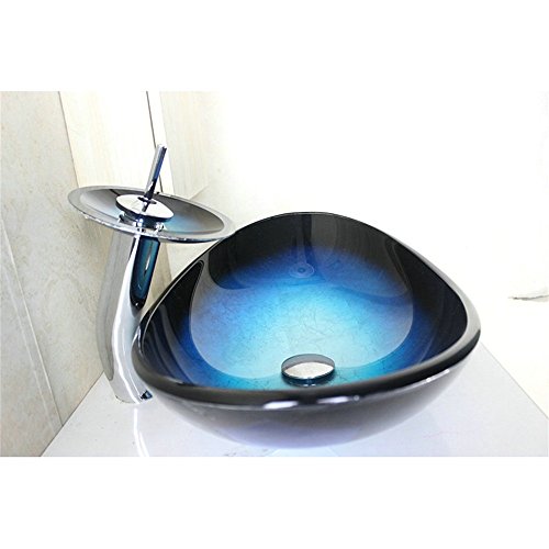 HomeLava Modern Hartglas-Waschbecken Set Glas Oval Blau Schwarz mit Wasserfall-Wasserhahn, Abfluss und Montagering