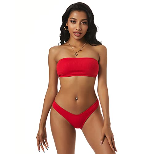 ZAFUL Damen High Cut Bandeau Bikini Set Trägerlos Gerippt Bikinis Bademode(Rot M)