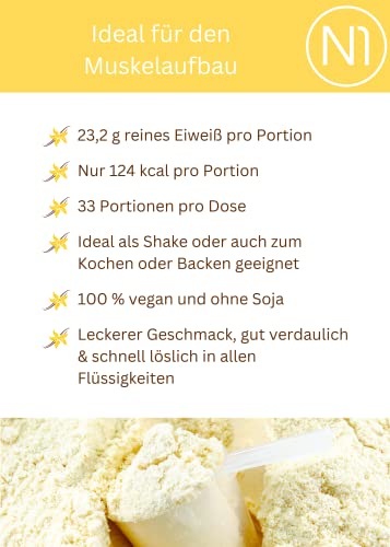 N1 Vegan Protein Eiweißpulver 1kg Dose [100% Pflanzlich] Protein Pulver Vanille - Eiweiß Muskelaufbau, Eiweißpulver zum Backen, Mehrkomponenten Protein, Whey Protein vegan, Eiweiss Shake, Proteine