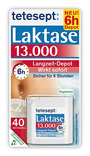 tetesept Laktase 13.000 – Laktasetabletten bei Laktoseunverträglichkeit – Nahrungsergänzungsmittel mit Sofortwirkung & 6h Langzeit-Depot – 1 Dose à 40 Stück