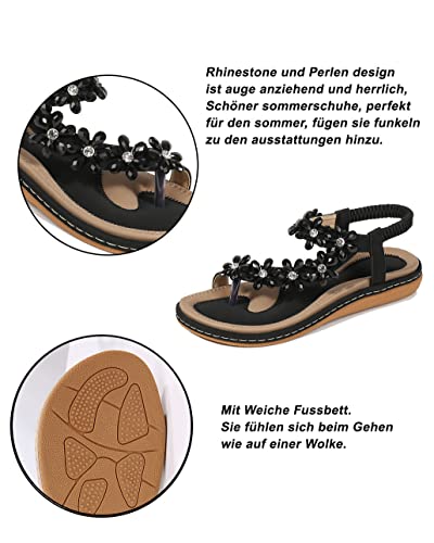 Amissz Damen Sommer Sandalen Bohemian Strass Flach Sandaletten Sommer Strand Schuhe Damen Zehentrenner (Schwarz, 36 EU)