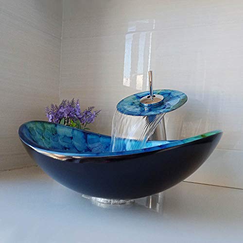 Homelava Modern Gehärtetes Glas Waschbecken mit Wasserfall Armatur Set (Blau 7)