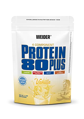 WEIDER Protein 80 Plus Mehrkomponenten Protein, Vanille, Eiweißpulver für cremige, unverschämt leckere Eiweißshakes, Kombination aus Whey, Casein, Milchprotein-Isolat und Ei, Fett- & Zuckerarm