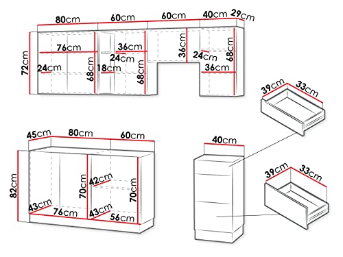 Küche Eurybia 180/240 cm, Küchenblock/Küchenzeile, 7 Schrank-Module frei kombinierbar Metallgriffe Arbeitsplatte Metallbox (Weiß/Eiche Burlington/Grau Platin/Piemonte, mit LED Beleuchtung)