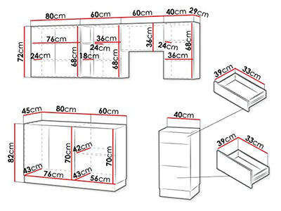 Küche Eurybia 180/240 cm, Küchenblock/Küchenzeile, 7 Schrank-Module frei kombinierbar Metallgriffe Arbeitsplatte Metallbox (Weiß/Eiche Burlington/Grau Platin/Piemonte, mit LED Beleuchtung)