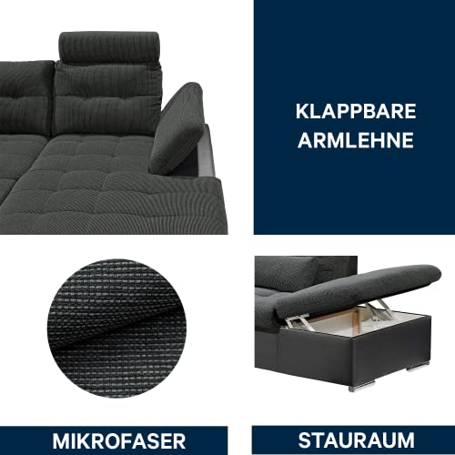 Kabs Polsterwelt Wohnlandschaft Jakarta III dunkelgrau Ottomane rechts U-Form mit Schlaffunktion 324 x 107 x 170 cm - Moderne Couch mit Bettkasten, verstellbaren Armlehnen & Kopfstützen Rücken echt