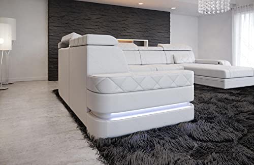 XXL Sofa Bologna Wohnlandschaft in Leder mit USB-Anschluss Beleuchtung Stauraum Ledersofa mit Kopfstützen im modernen Design (Ottomane rechts (auf Sofa blickend), White)