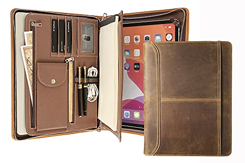 AZXCG Leder-Portfolio-Organizer-Ordner, Lebenslauf-Padfolio mit Reißverschluss für A4-Notebook, Tablet für iPad Pro 12.9 (2018 & 2020 & 2021), Büro/Weihnachtsgeschenke für Frauen/Männer