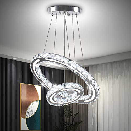 CLAIRDAI Kristall LED Moderne Kronleuchter 2 Ringe Pendelleuchte Einstellbare Höhe Leuchte Mit K9 Crystal&Acryl Für Schlafzimmer Wohnzimmer Esszimmer Küche Flur (20+40cm Kaltweiß), 2040-Cool