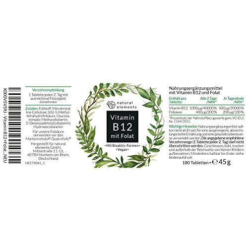 Vitamin B12-180 Tabletten - Hochwertig durch beide Aktivformen + Depot + Folat (5-MTHF aus Quatrefolic®) - Vegan, hochdosiert