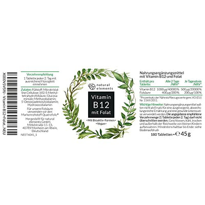 Vitamin B12-180 Tabletten - Hochwertig durch beide Aktivformen + Depot + Folat (5-MTHF aus Quatrefolic®) - Vegan, hochdosiert