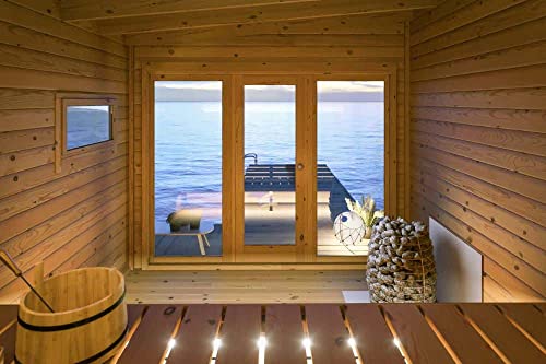 Polhus Gartensauna aus Holz Mauri, Outdoor-Sauna modern für 6 Personen, Außensauna Garten mit Panoramafenster aus Isolierglas, Saunahaus 339 x 384 x 285 cm, naturbelassen