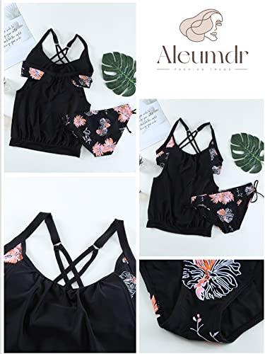 Aleumdr Tankini Set Damen Badeanzug Bauchweg Tankini Damen Push up mit Bügel Tankinis für Damen Tankini Oberteil mit Badeshorts Zweiteiler Bademode Bikini Set High Waist Beachwear Swimsuits Schwarz M