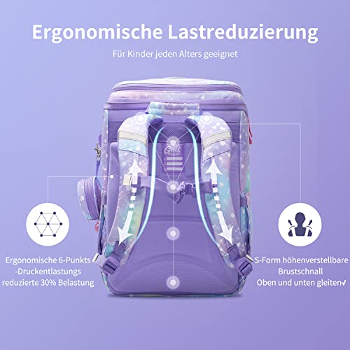 GMT for Kids Schulrucksack Set 5-teilig ergonomische leichte Schultasche für Grundschule Kinder mit Reflektoren, höhenverstellbare Hüftgurt Sicherheit, 22 L(Einhorn)