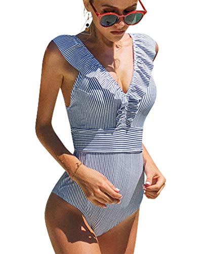 heekpek Damen Badeanzug V-Ausschnitt Bikini Einteiliger Badeanzug Sexy Rüschen Figurformend Strandbekleidung Bedruckt Vintage High Waist Bikini Monokini Damen