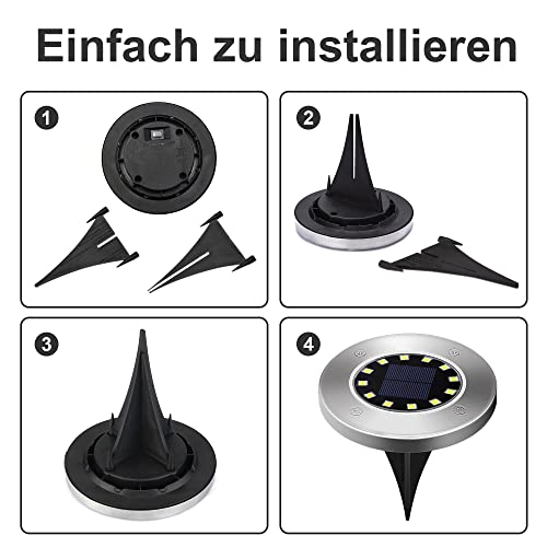 Solar Bodenleuchte Solarleuchte für Garten 12 LEDs 4 Stück, Weiß, Gartenleuchten Edelstahl Wasserdicht für außen, Garten, Terrasse, Rasen, Hof, Gehweg