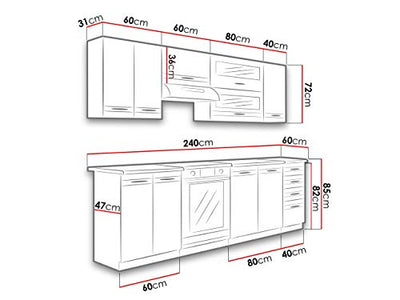 Küche Lungo/Macchiato bis 240 cm mit Arbeitsplatte, Küchenblock/Küchenzeile, 7 Schrank-Module frei kombinierbar (Weiß/Milch Eiche + Wenge/Petra Beige, mit Led Beleuchtung)