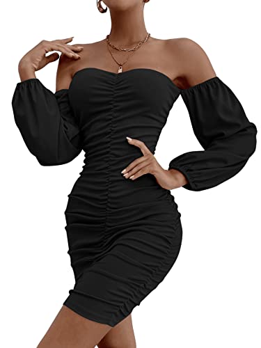 SheIn Damen Schulterfrei Figurbetontes Partykleid Elegant Minikleid Kurz Bodycon Kleider mit Rüschen Schwarz S