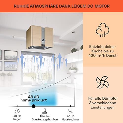 Klarstein Futurelight Smart Dunstabzugshaube freihängend - Abzugshaube Umluft mit 420m³/h Abluftleistung, Inselhaube Umluft mit LED-Beleuchtung, Edelstahl, gold