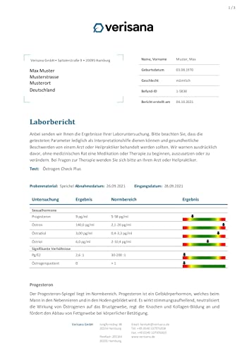 Verisana Östrogen Check Plus – Hormonspeicheltest auf Östrogene (Östradiol, Östriol, Östron) & Progesteron – Östrogenmangel feststellen – Wechseljahresbeschwerden