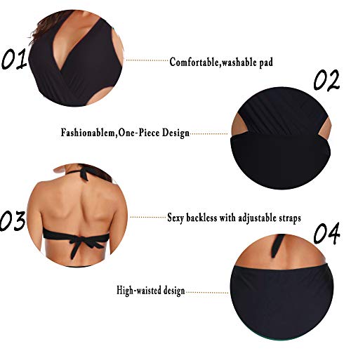 Misolin Damen Badeanzug Neckholder V-Ausschnitt Rückenfrei Einteiliger Bademode Bauchweg Cutouts Strandbikini