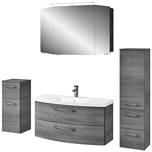 Badmöbel Set, Eiche graphit Struktur, Spiegelschrank mit LED Beleuchtung, 101cm Waschtisch-Unterschrank mit Waschbecken, Hochschrank, Schubladen & Türen mit Softclose-System, B/H/T: 187/200/50,5 cm