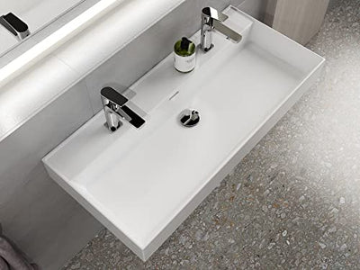 AQUA BAGNO Design Doppelwaschbecken im modernen Stil, Wand Waschbecken in Weiß, Waschtisch aus Keramik | 1004 x 465 x 130 mm