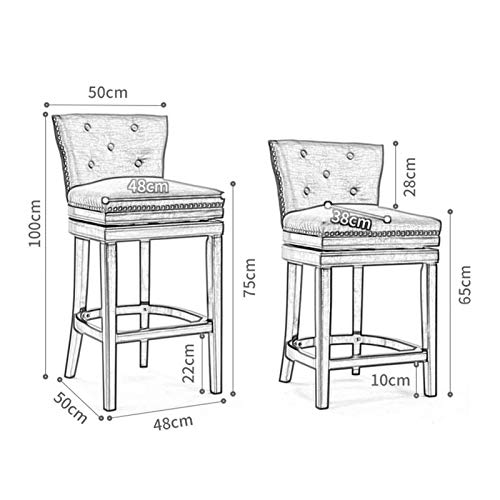 360 ° rotierender Balkhocker mit Rückenlehne High-End-Baumwolle und Leinen-Niet-Dekoration 2-teilige Küchenzähler Massivholz-Barhocker-Stuhl für Schmuck-Laden-Zähler dedizierter Haushaltshochhocker (B