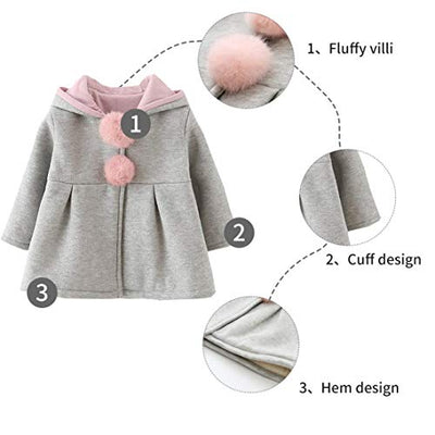 EDOTON Baby Mädchen Mäntel aus Baumwolle Frühlung Herbst Winter Jacken mit Haarballen Kaninchen Ohr Kleinkinder warm Kleidung (9-12 Monate, Grau)