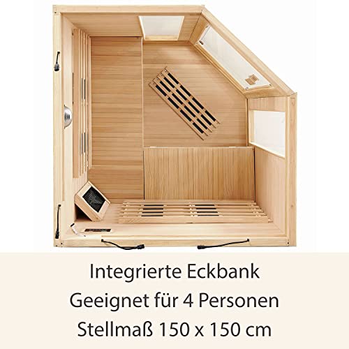 Artsauna Eck-Infrarotkabine Nyborg E150V - Infrarotsauna 150x150 cm Vollspektrumstrahler für 4 Personen - LED-Farblicht - Wärmekabine aus Hemlockholz