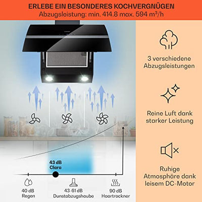 Klarstein Dunstabzugshaube Umluft/Abluft, Leise Abzugshaube, Edelstahl Wandhaube, Dunstabzugshaube mit Filter, Dunstabzugshaube 60cm, Umlufthaube mit LED-Licht, Dunstabzug Kopffrei 509 m³/h Luftstrom