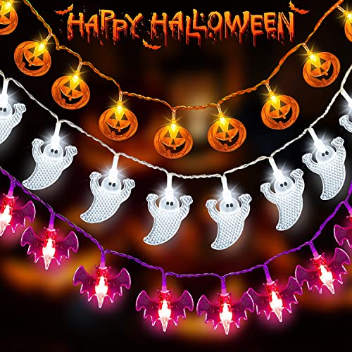 Halloween LED Lichterkette,3 Stück 3M 20 LED Lichterkette außen,2 Modi Lichterkette Halloween Deko Kürbis, Geister, Fledermaus Anhänger Lichter mit Batteriebetrieben für Halloween Deko Party Garten