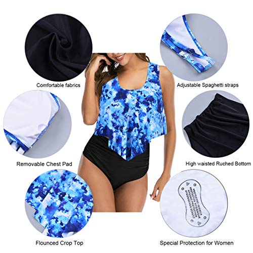 Adisputent Womens High Waisted Bathing Suits Flounce Swimwear Racerback Tankini Tummy Control Bikini Two Piece Modest Swimsuits Blue Tie Dye M