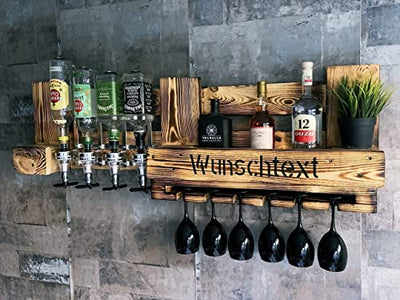 Rustikale Wand-Bar inkl. 4 Getränkespender 3cl - Personalisiertes Geschenk | 120cm Industrial Vintage Weinregal Flaschen-Regal | Platz für Spirituosen & Gläser | für Wein, Schnaps, Whisky Massiv