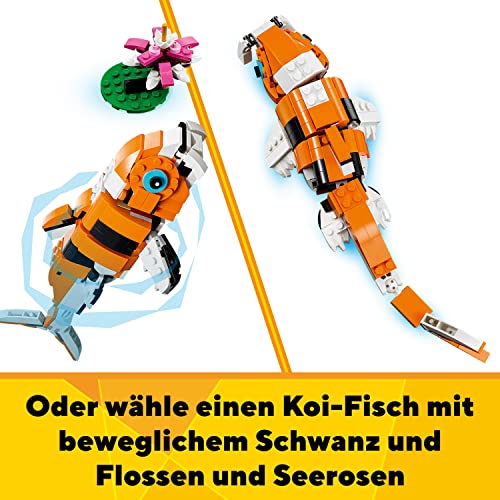 LEGO 31129 Creator Majestätischer Tiger, Panda oder Fisch, 3-in-1 Tierfiguren-Set, Spielzeug für Kinder, Konstruktionsspielzeug mit Tieren, Geschenk zu Weihnachten