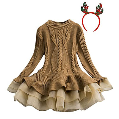 Strickkleid Mädchen Weihnachten Weihnachts Kleid Langarm, Weihnachtskleid Baby Mädchen Prinzessin Kleid Festliches Kleid Hirsch Schneeflocke Kleid Winter Warm Strick Pullover Kleider mit Haarband