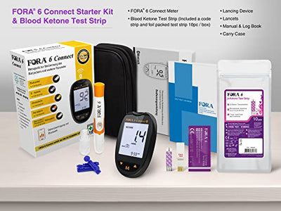 FORA 6 in 1 ketone messgerät set (mg/dl), Bluetooth, (Blutzucker, Gesamtcholesterin, Harnsäure, Hämatokrit, Hämoglobin), Selbsttest, Keto Ernährung, low Carb Diät, Früherkennung von Ketoazidose